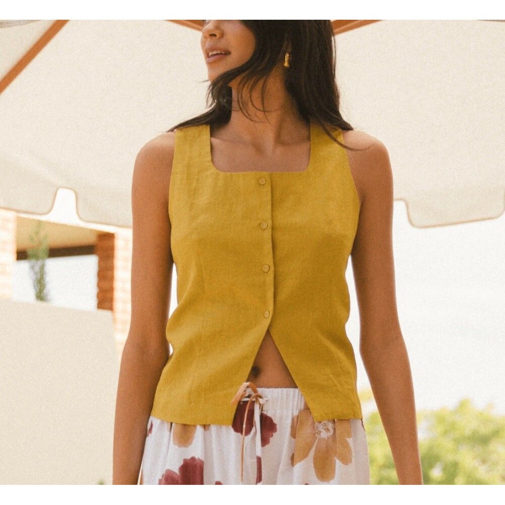 NWT Lullaby Club Women’s XS Ella Vest Linen Blend Button Down Moss Color New‎